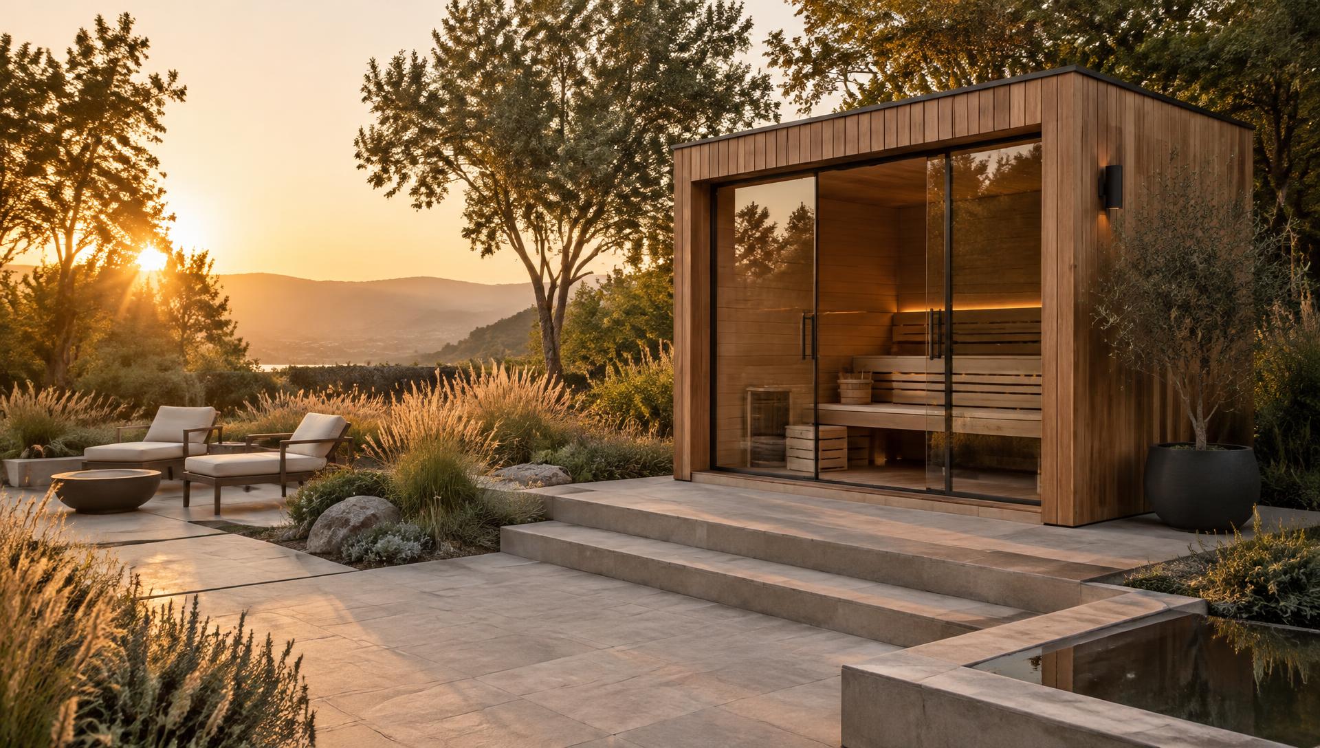 Modern cedar sauna in a landscaped backyard at sunset (illustrative)